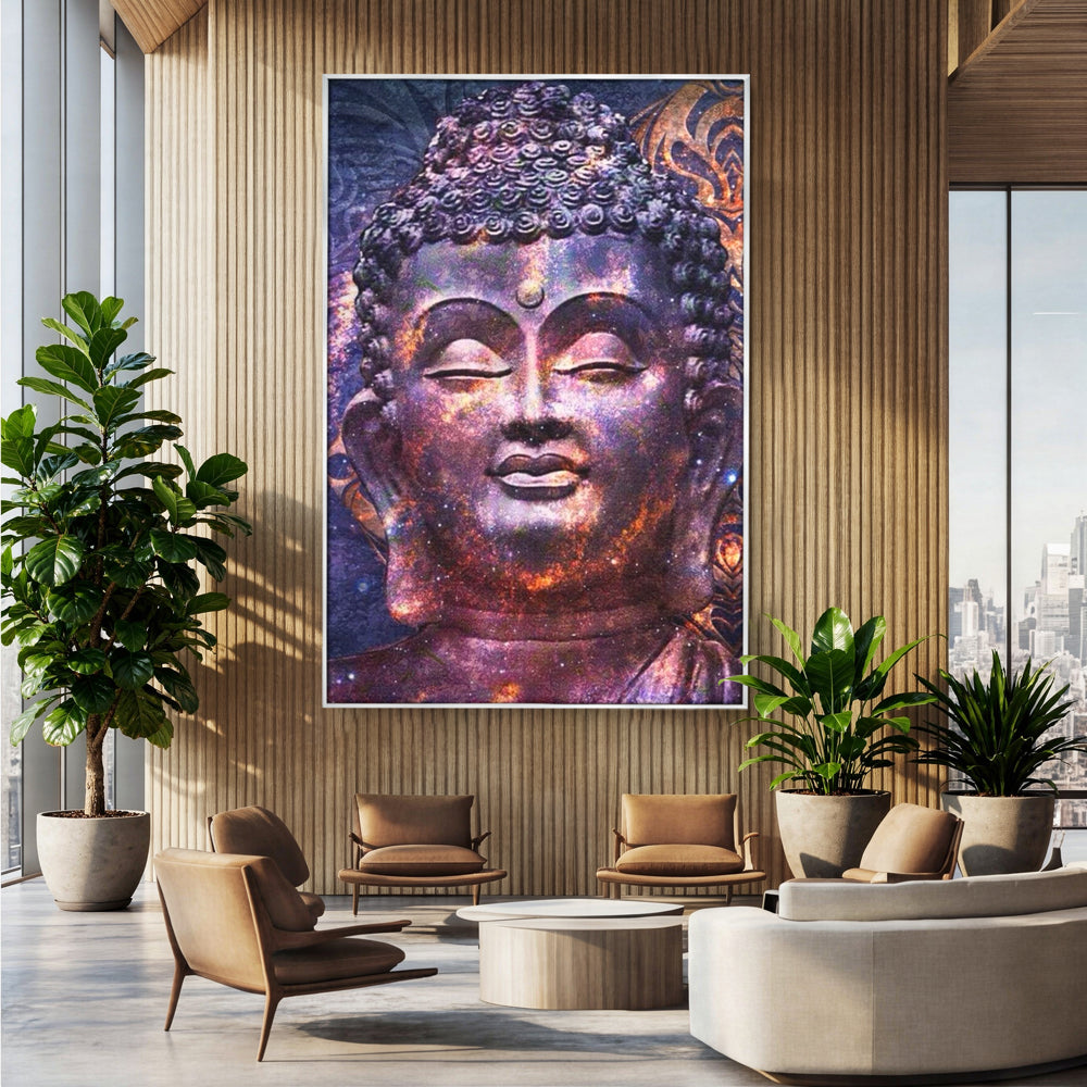 Tablou canvas cu tablou canvas cu capul lui buddha si universul, in rama de aluminiu argintiu, pe perete intr-un birou